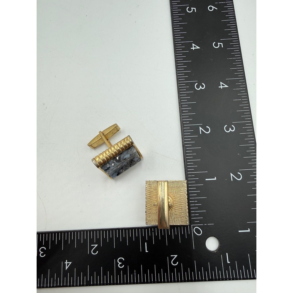 Vintage Gold Tone Speckled Stone Rectangular Cufflinks Mid Century Modern Mens - Picture 4 of 4